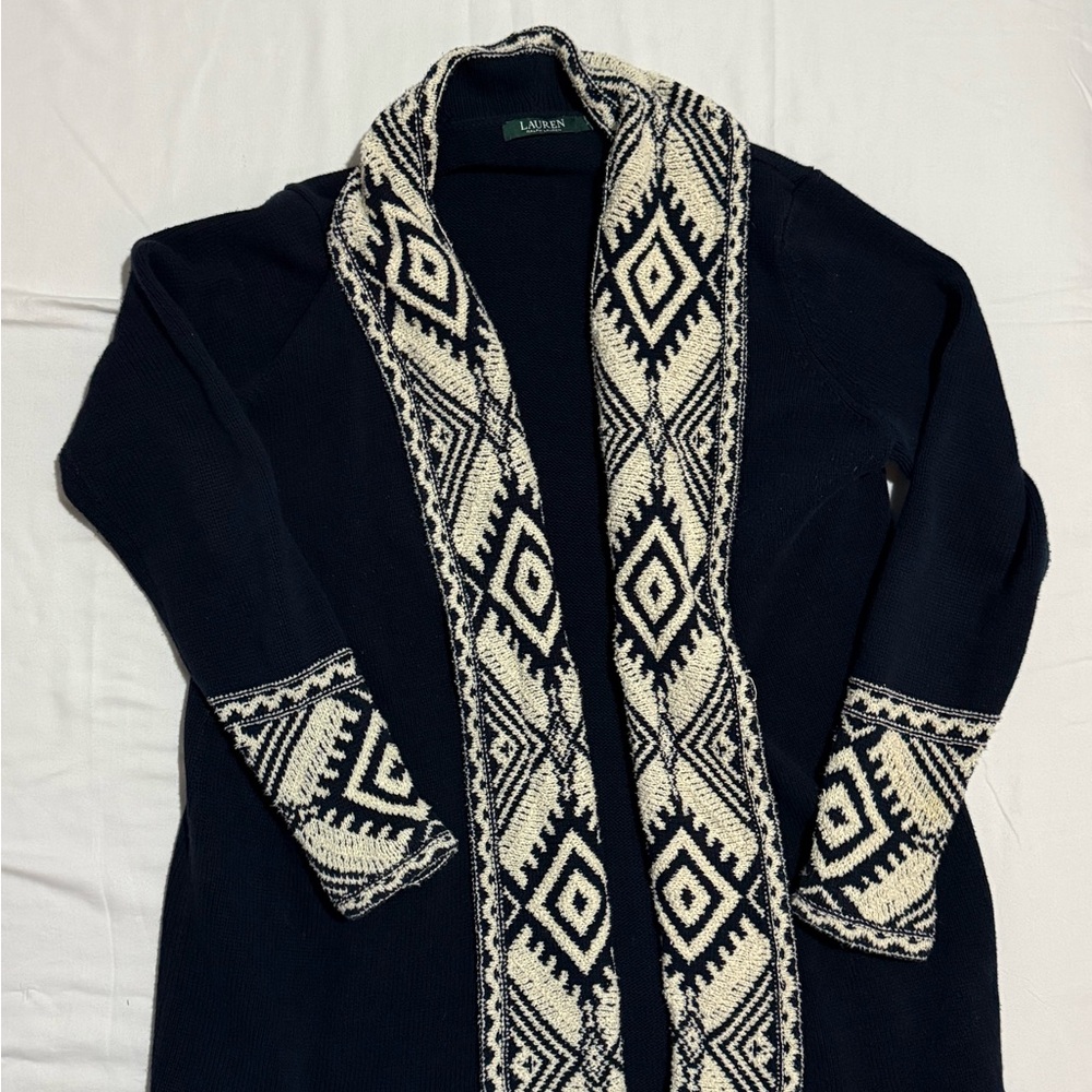 Women’s Ralph Lauren Navy/Cream Patterned Open Front Cardigan Sweater Size M/L